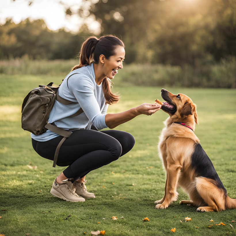 A dog trainer using positive reinforcement techniques, such as giving treats.
