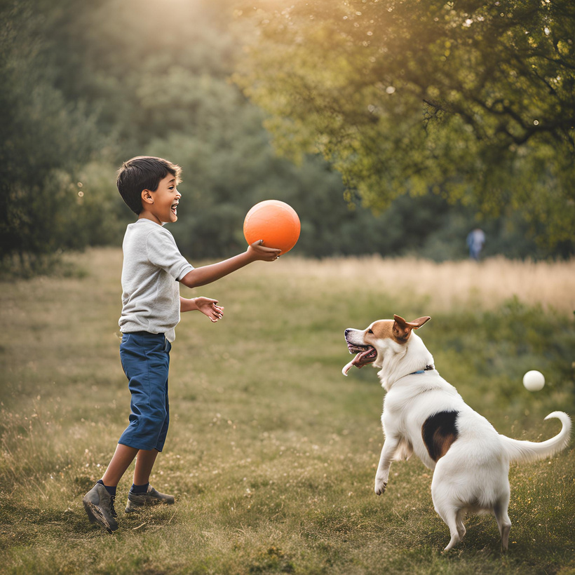 Happy boy playing with his dog, demonstrating a positive and stress-free environment.
