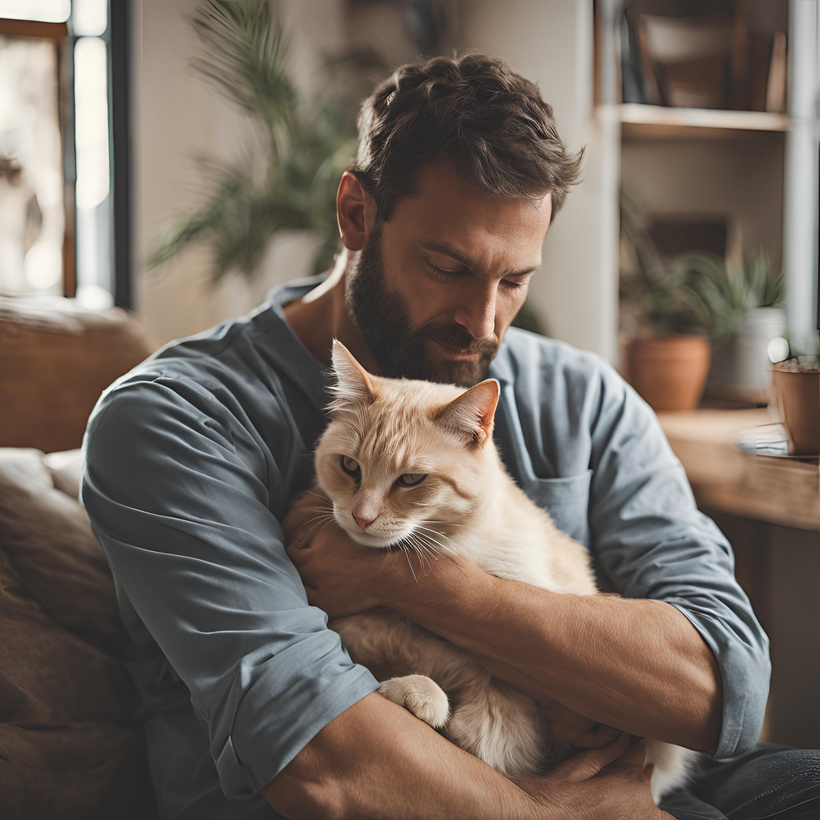 A man hugging and calming his cat.