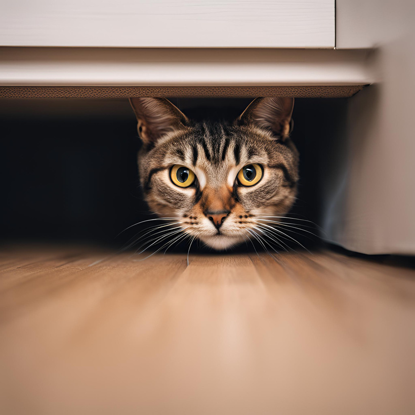 Cat hiding under a bed, showing signs of stress.