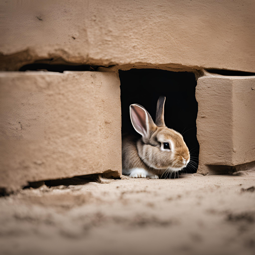 Rabbit hiding in a corner, showing signs of stress.