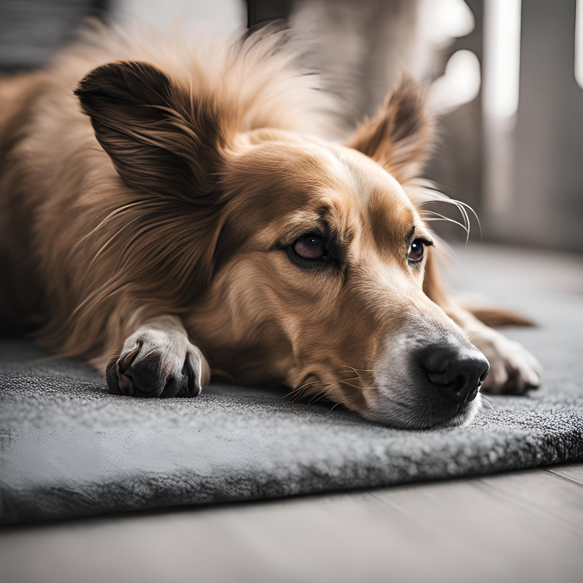 A dog lying down with a sad expression.