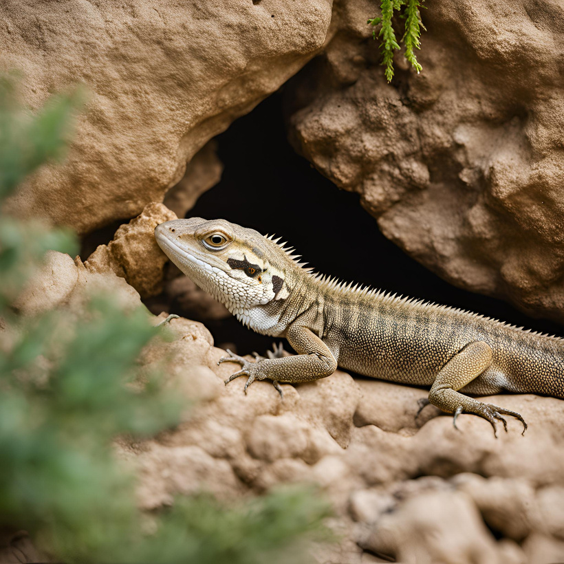 Lizard hiding under a rock, indicating stress.